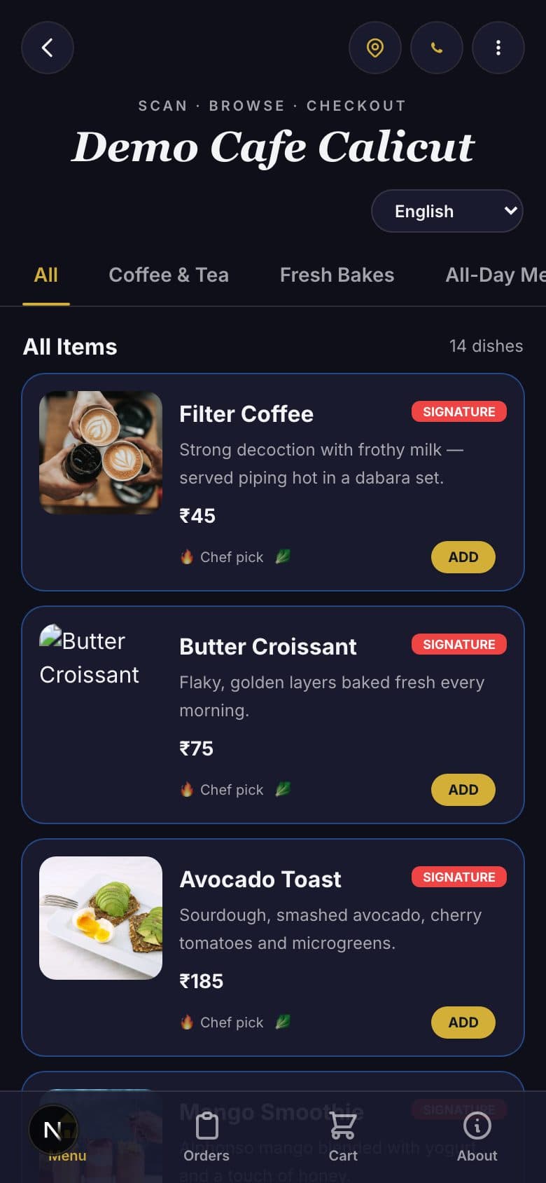 Midnight Gold theme menu preview